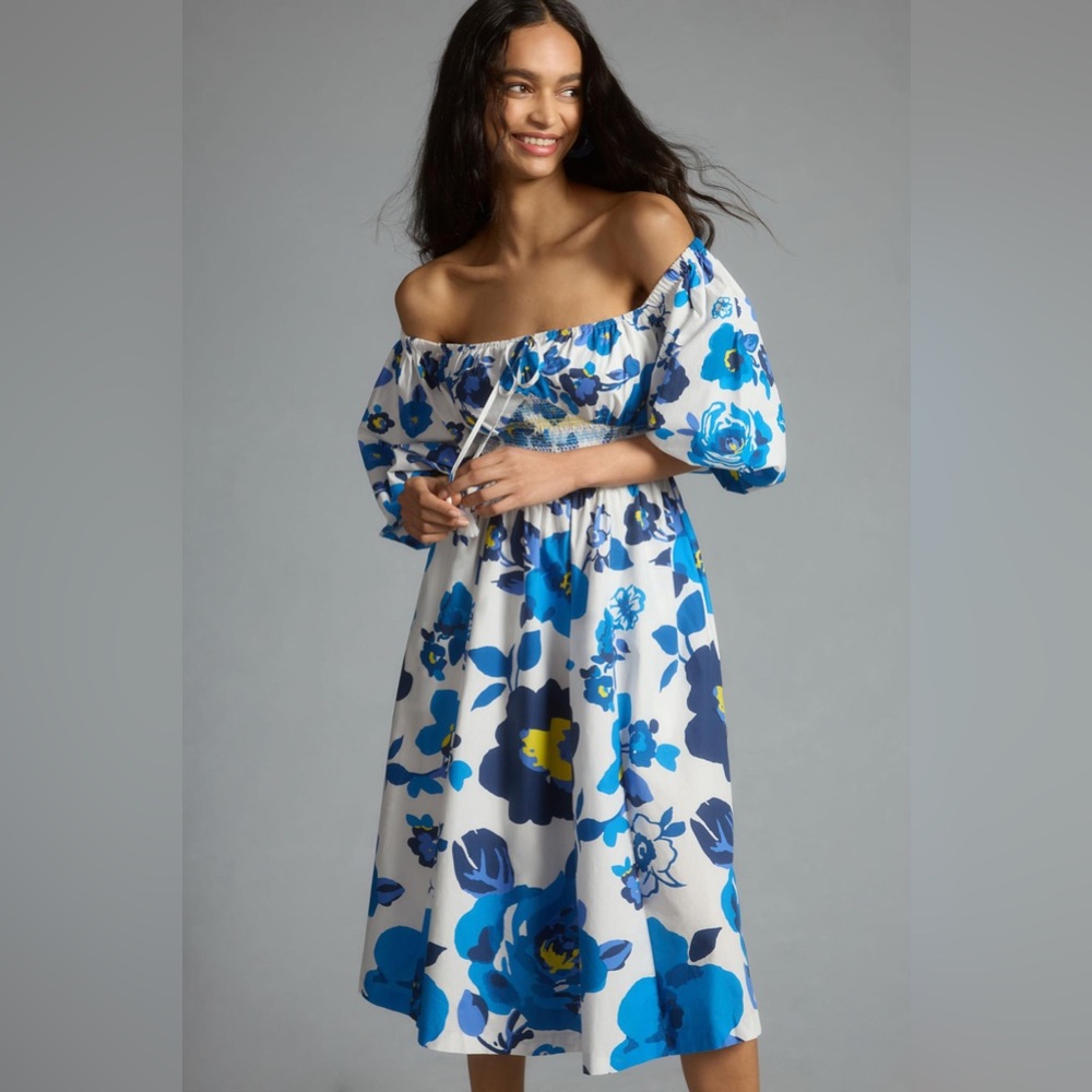 ✨ Anthropologie Off-The-Shoulder Puff-Sleeve Smocked Dress Sz LP